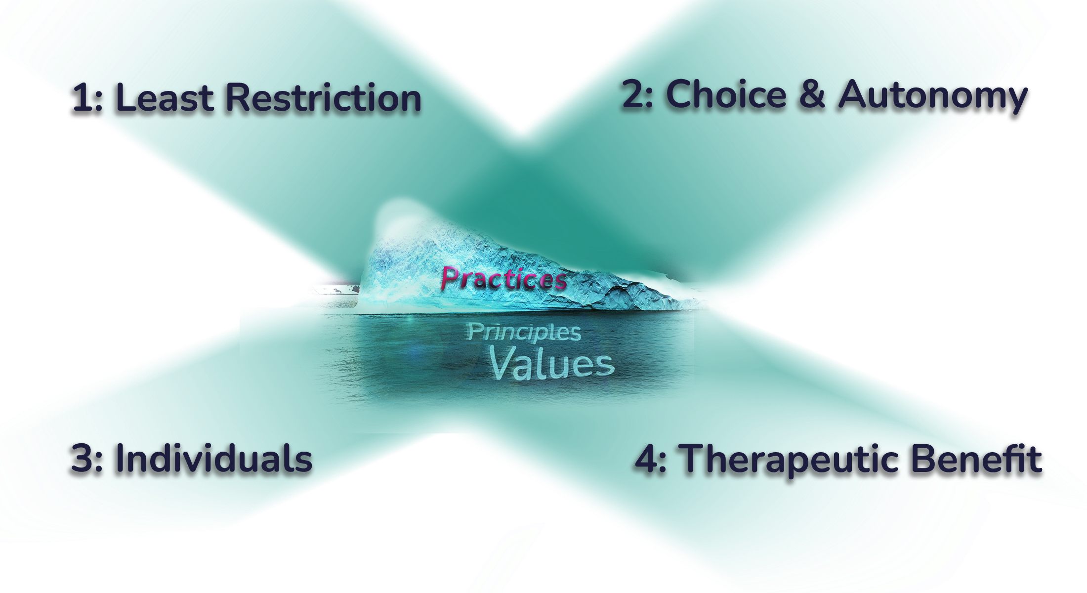 Iceberg with 'Practices' showing above water and 'Principles' and 'Values' underwater